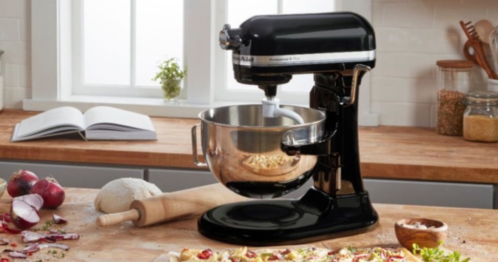 kitchenaid stand mixer on kitchen counter with food