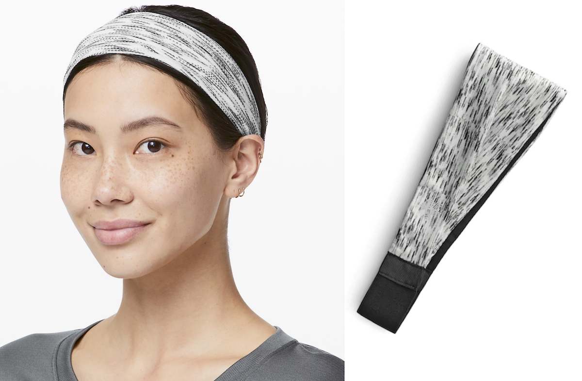 Stock photo of woman wearing gray and black headband next to stock photo with white background