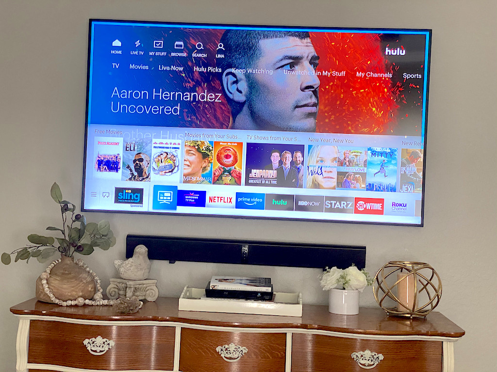 big screen TV in living room with Hulu on the screen