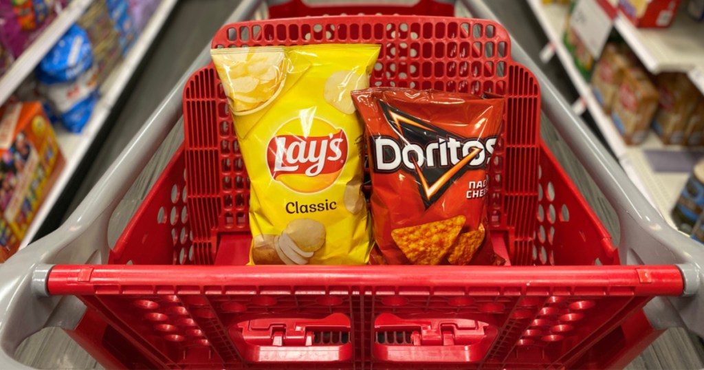 bag of yellow lays and red doritos in the target cart
