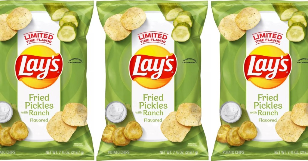 3 bags of Lays Fried Pickles and Ranch chips