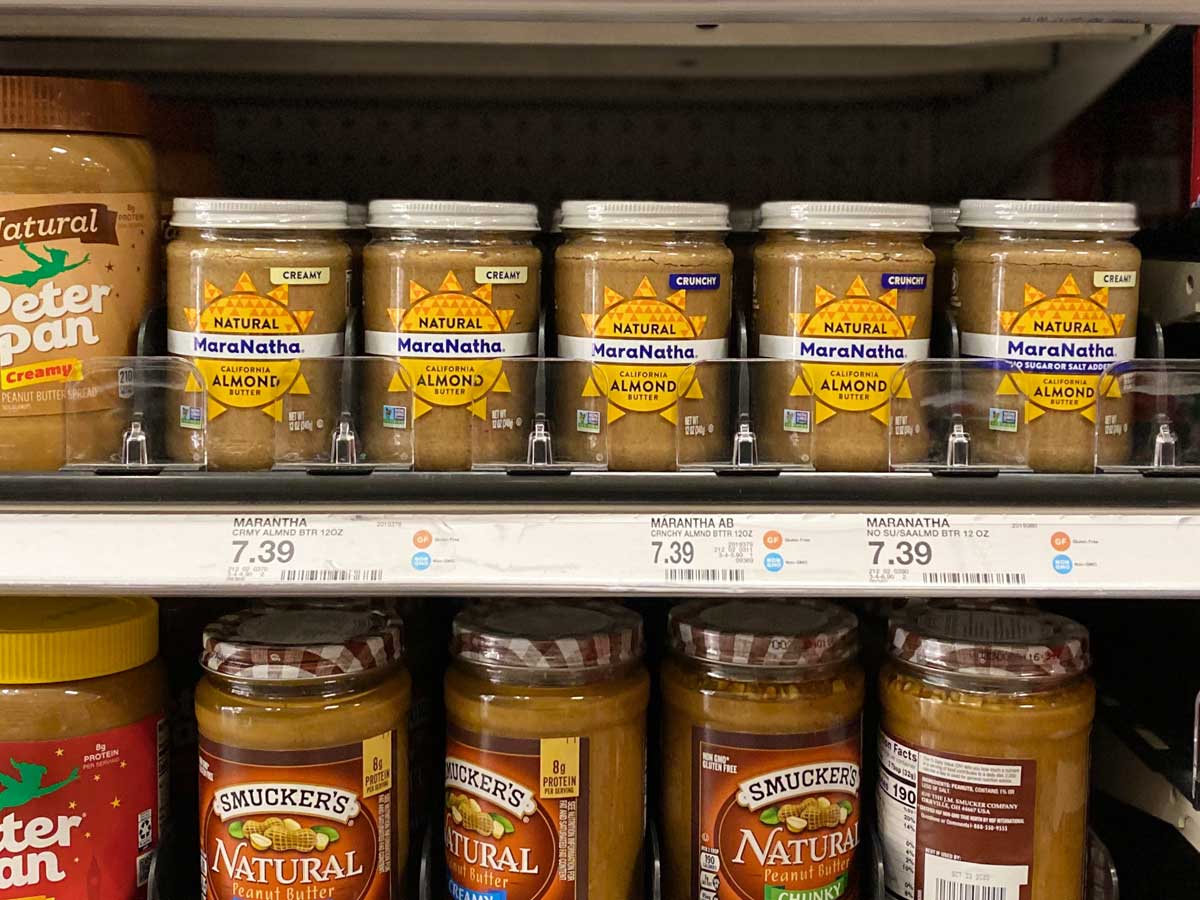 almond butter on display on a shelf in a store