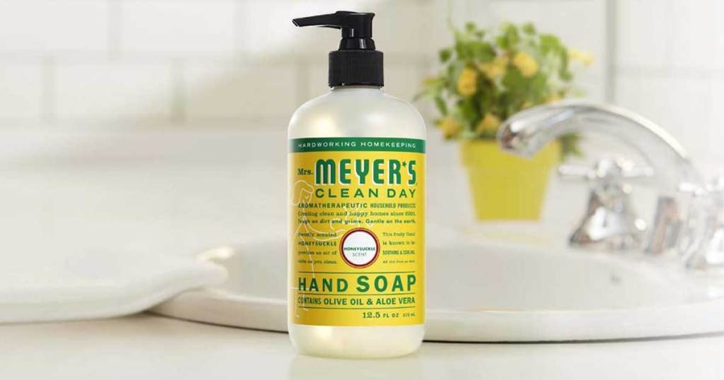 bottle of Mrs. Meyers hand soap on counter