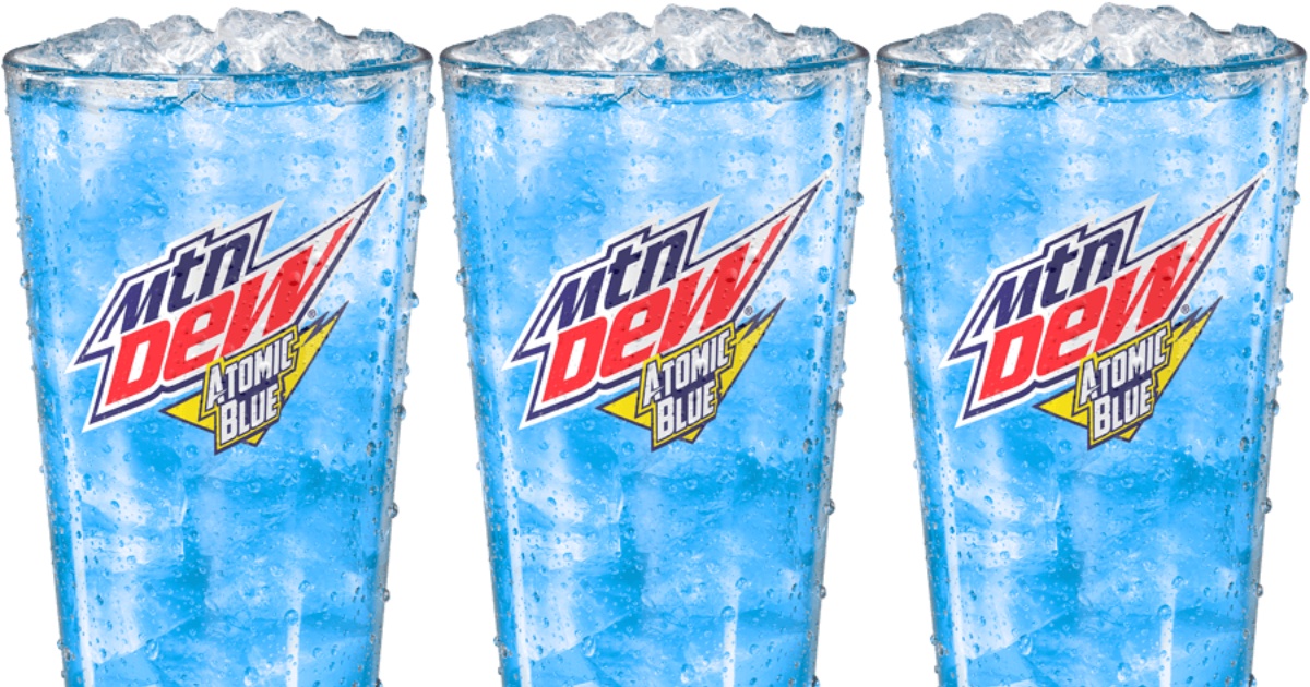 3 glasses holding Mountain Dew Atomic Blue soda