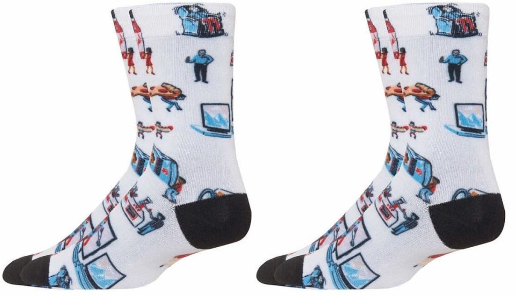 feet wearing costco themed socks 