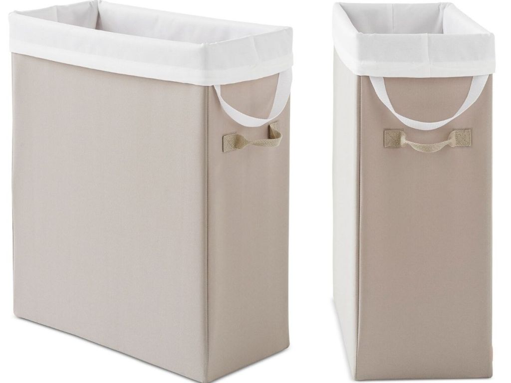 side and front angle view of cloth hamper with handle