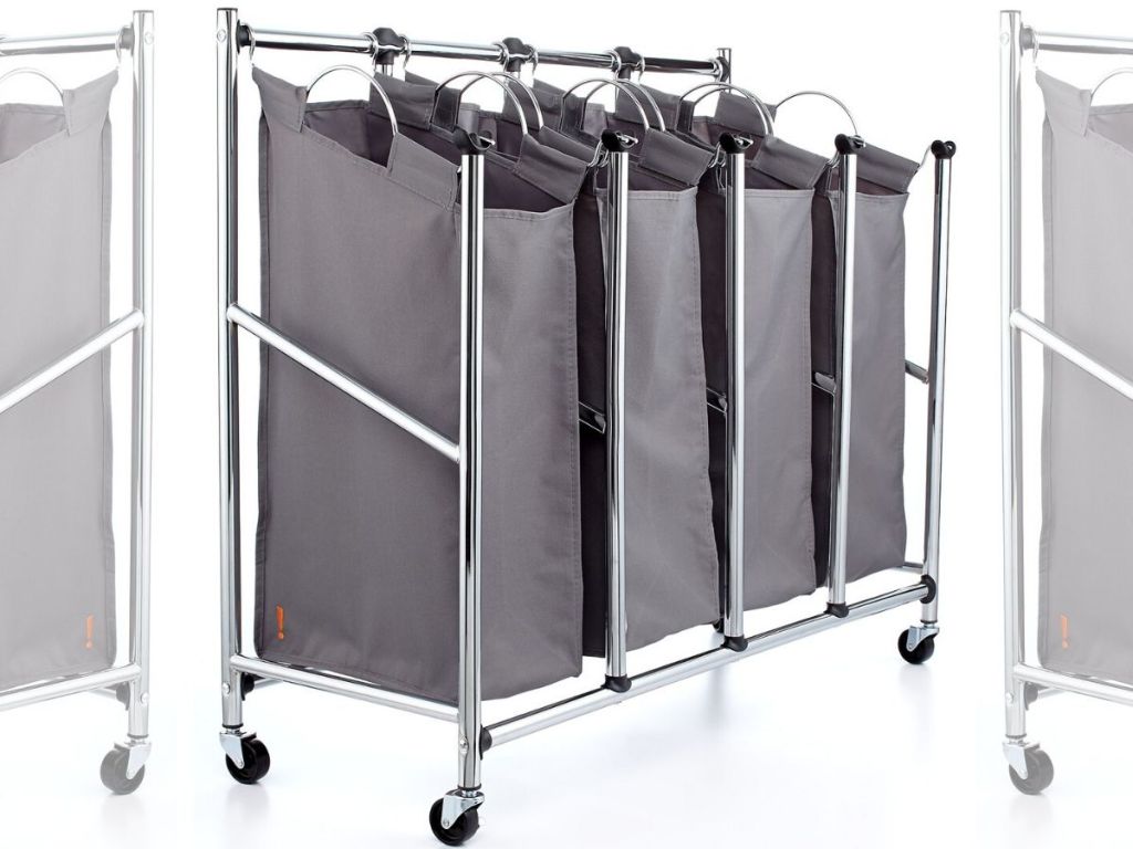 quad style laundry sorter with fabric hanging bags in metal frame