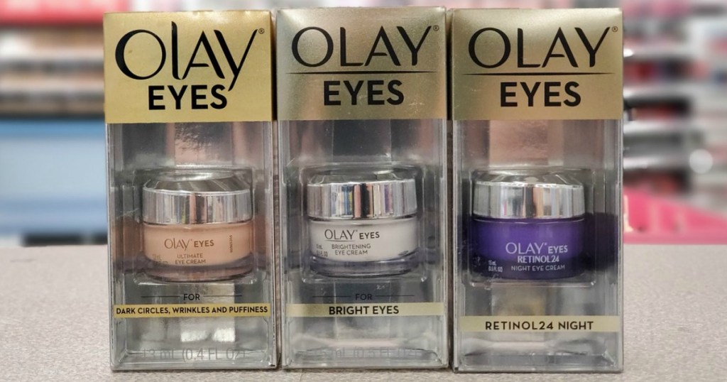 Olay branded eye cream on counter in store