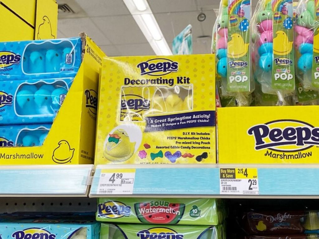 store top shelf with various versions of peeps marshmallow candies including Peeps Decorating Kit
