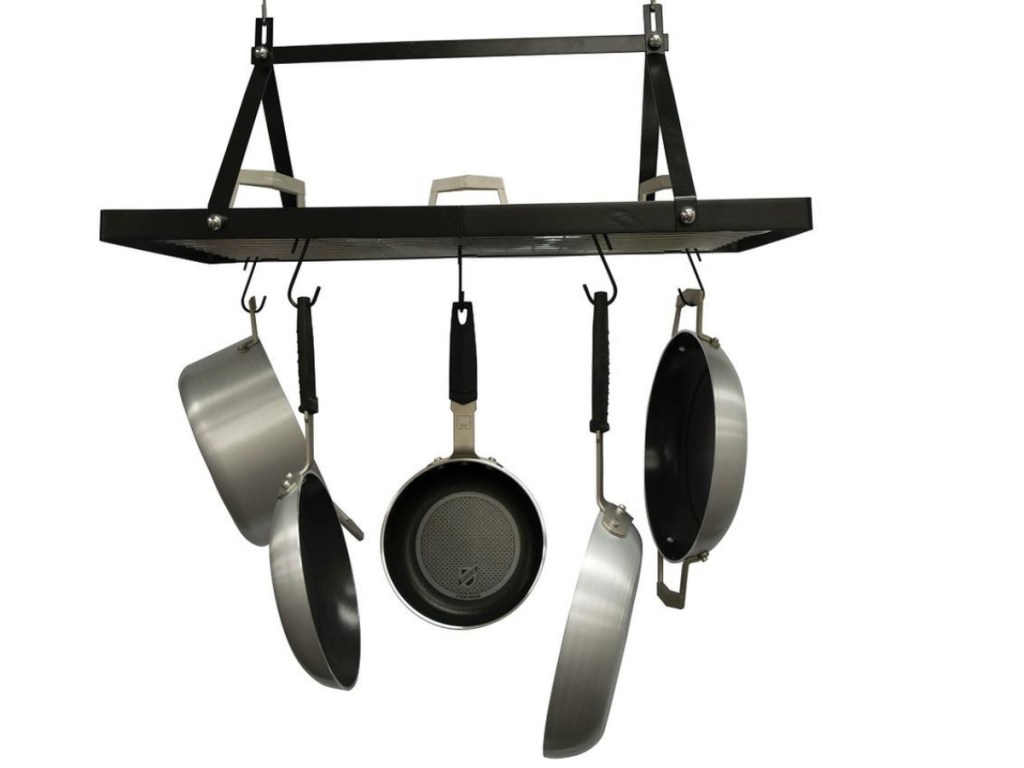 black pot rack holding pots and pans