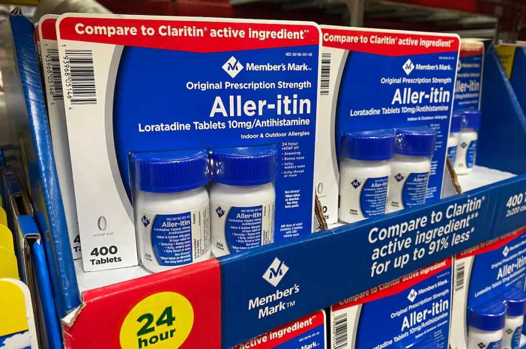packaged of members mark allergy medicine on store aisle