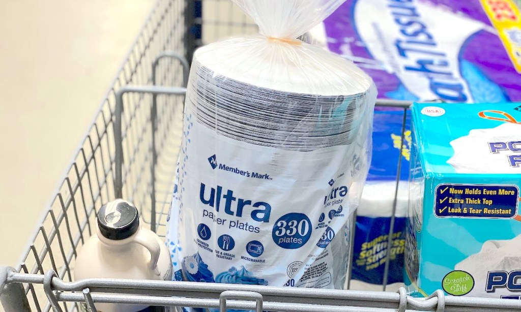 stack of paper plates in top of store cart
