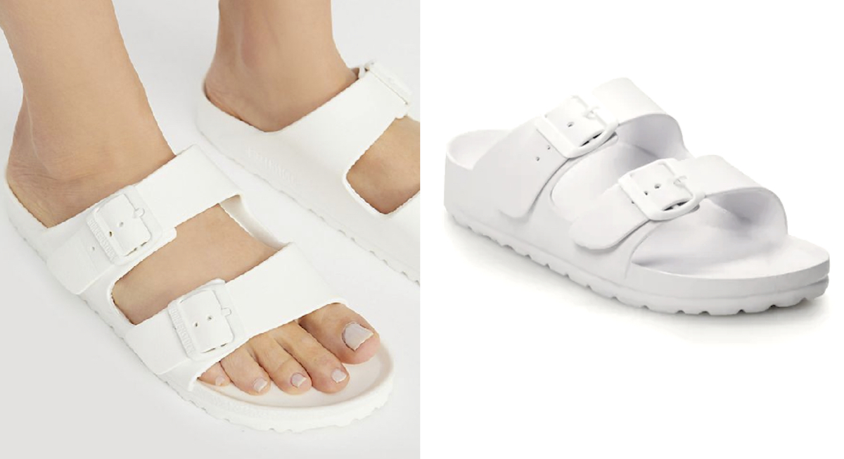 white sandals on feet with white stock photo background