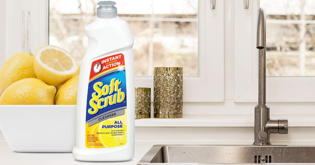 soft scrub cleaner on counter next to sink and bowl of lemons