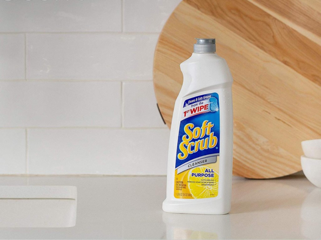 soft scrub cleaner on counter with cutting board in background