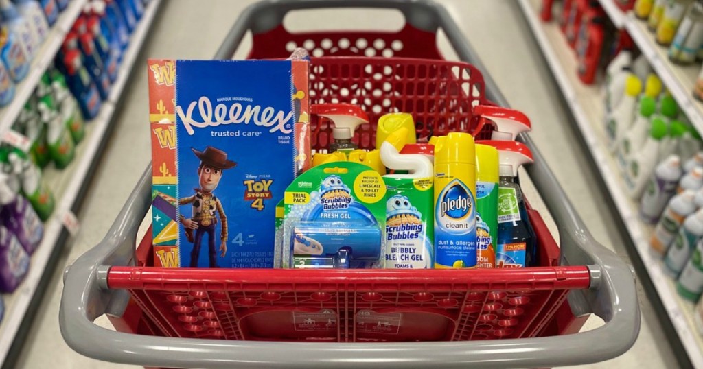 tissues and cleaning supplies in a store shopping cart