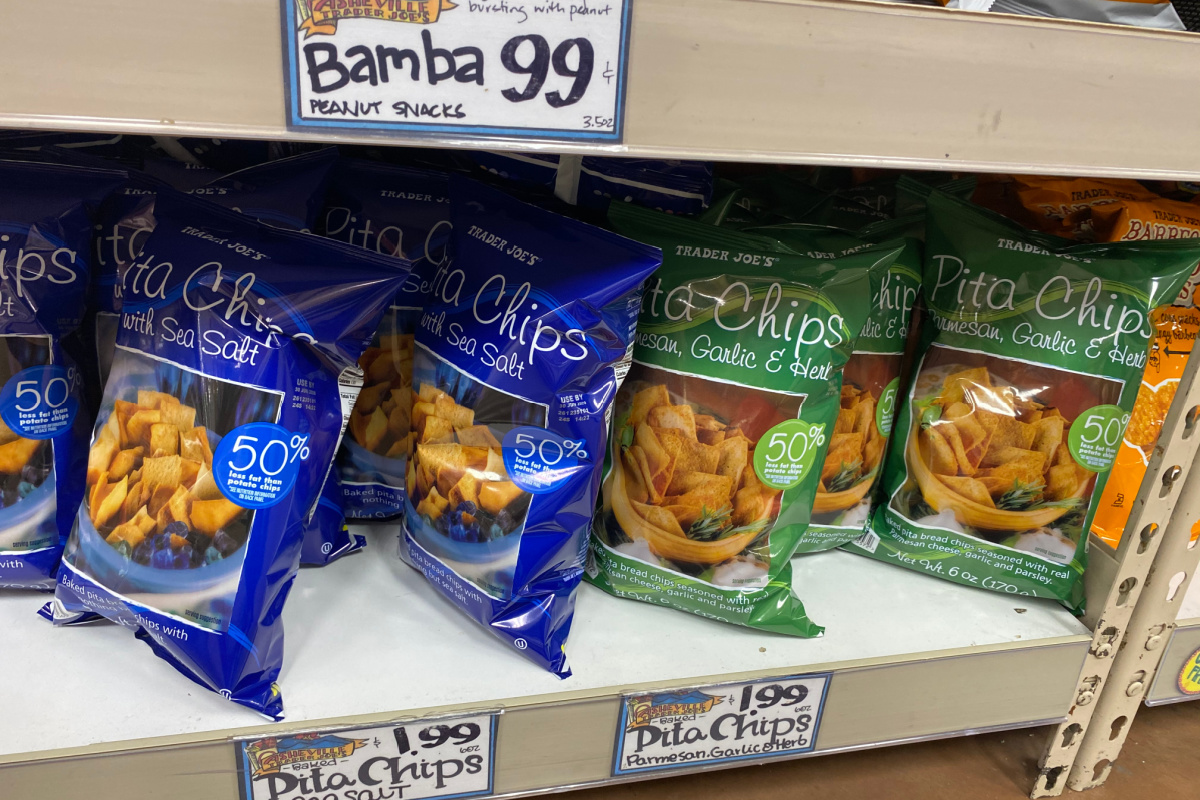 Trader Joe's store brand pita chips on shelf