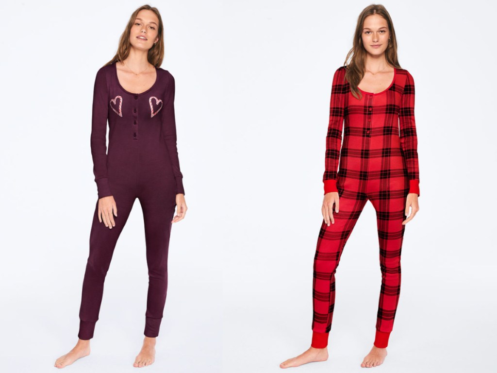 women modeling purple sleeper with pink hearts and black and red plaid sleeper