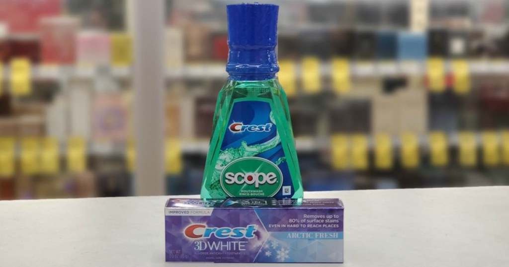 toothpaste and mouthwash on display in a store