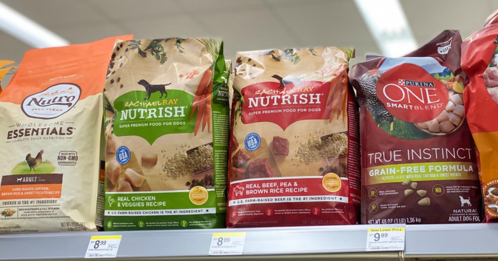 bags of dog food on a store shelf