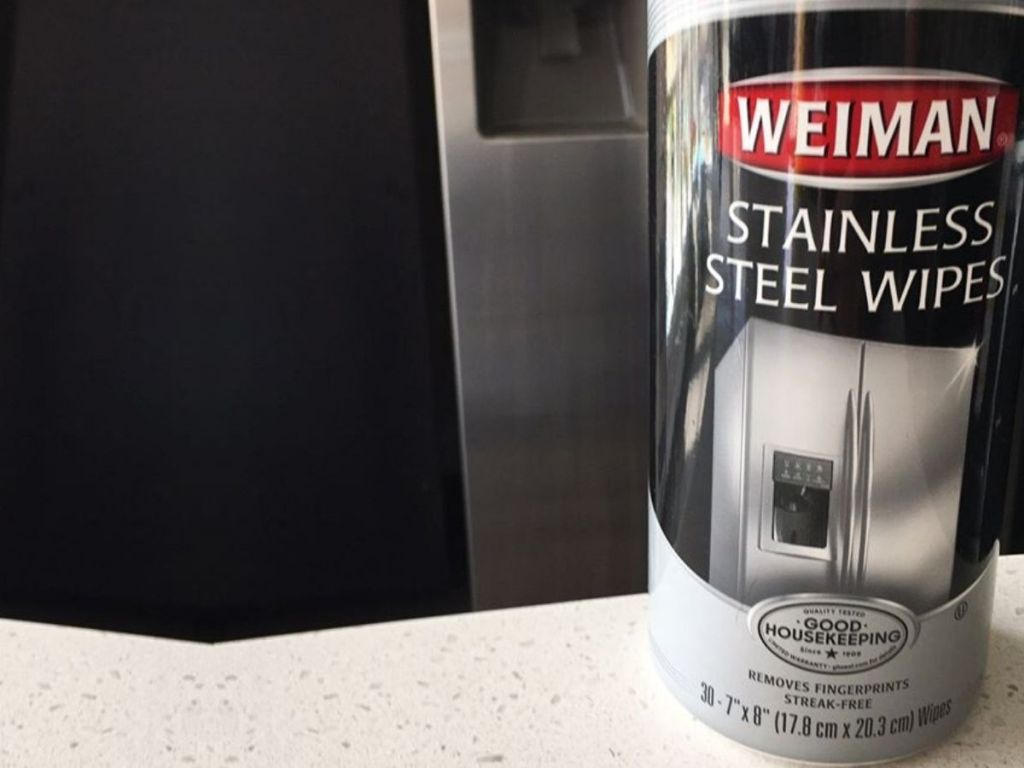 stainless steal wipes in container sitting on countertop
