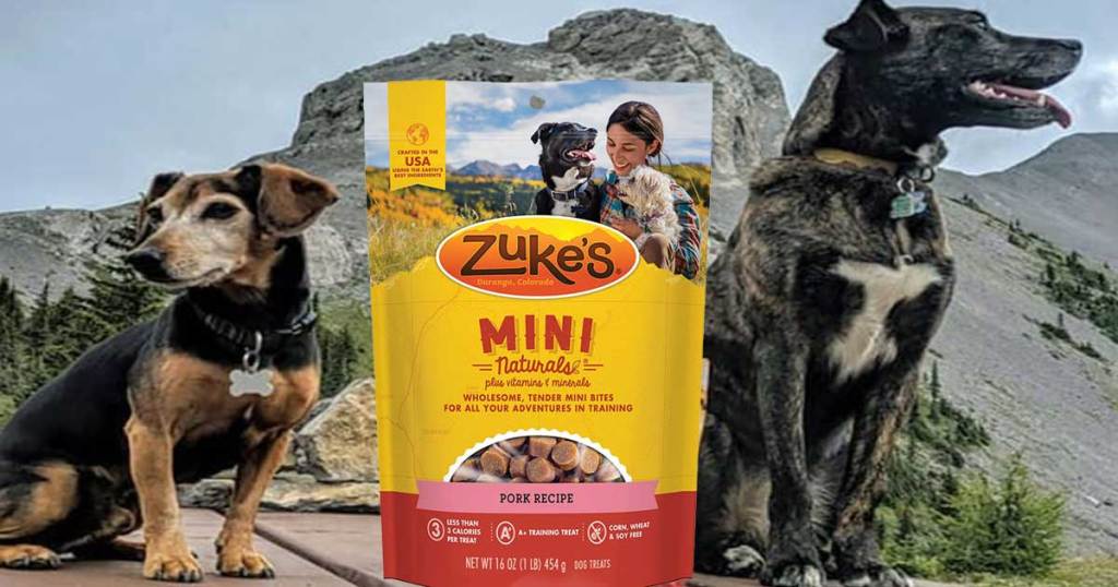 two dogs posing with mountains in the background and a bag of dog treats