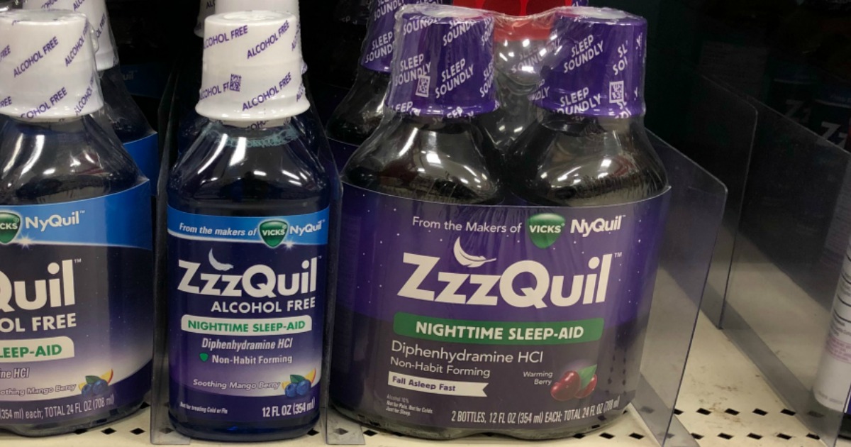 bottles of zzzquil on a store shelf