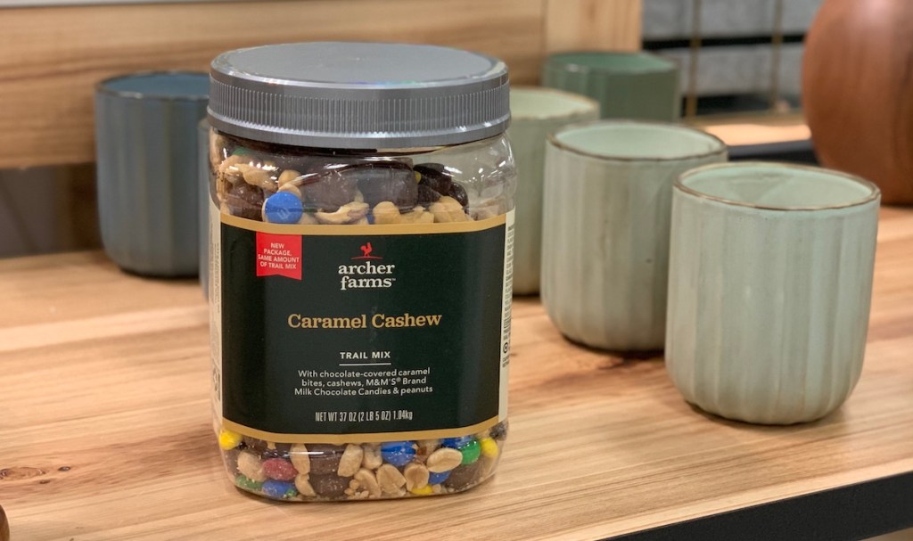 container of Archer Farms Caramel Cashew Trail Mix on a shelf