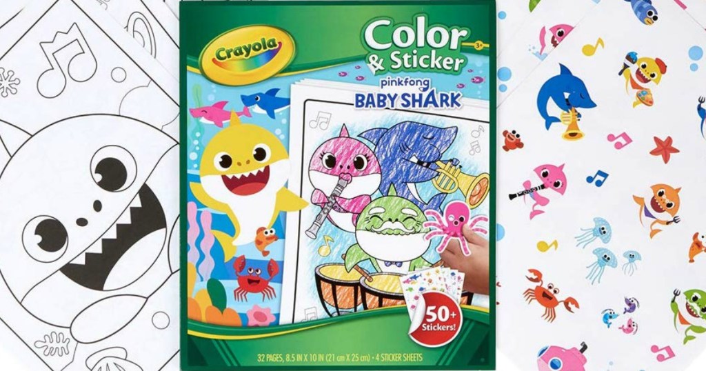 Baby Shark Coloring Book with pages and stickers next to it