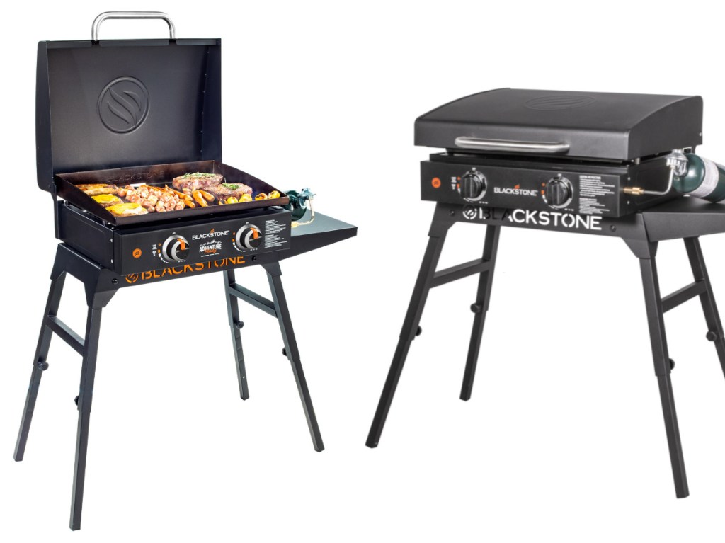 Black griddle grill with open lid and food, and one with closed lid