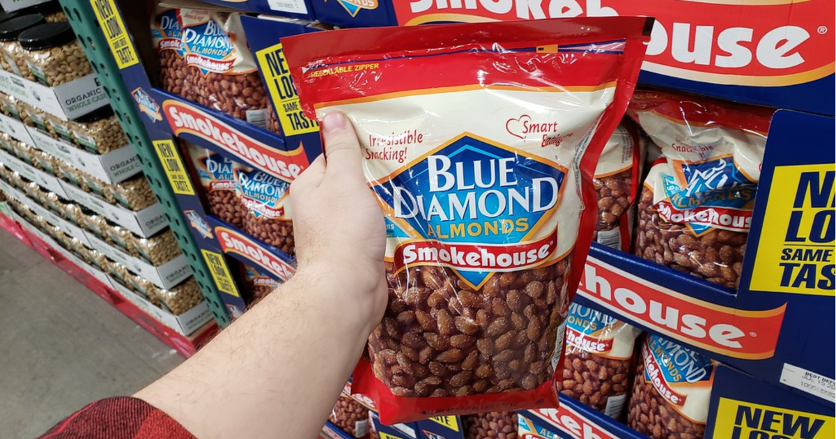 hand holding bag of Blue Diamond almonds