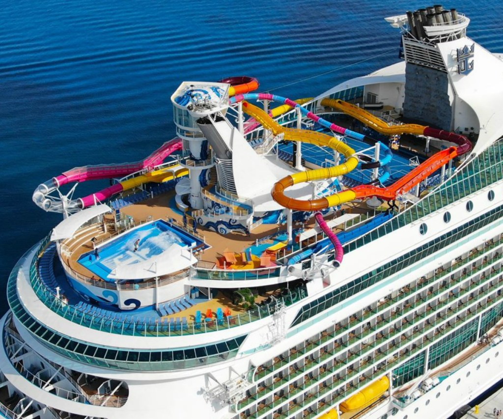 Large s=cruise ship top deck with slides and activities