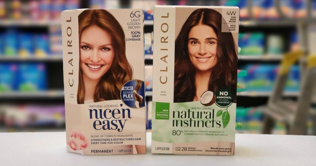 two boxes of Clairol Hair Colors on counter