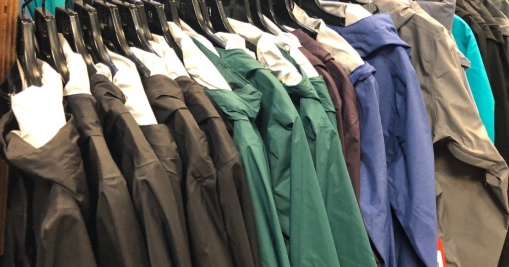 rain jackets hanging in store