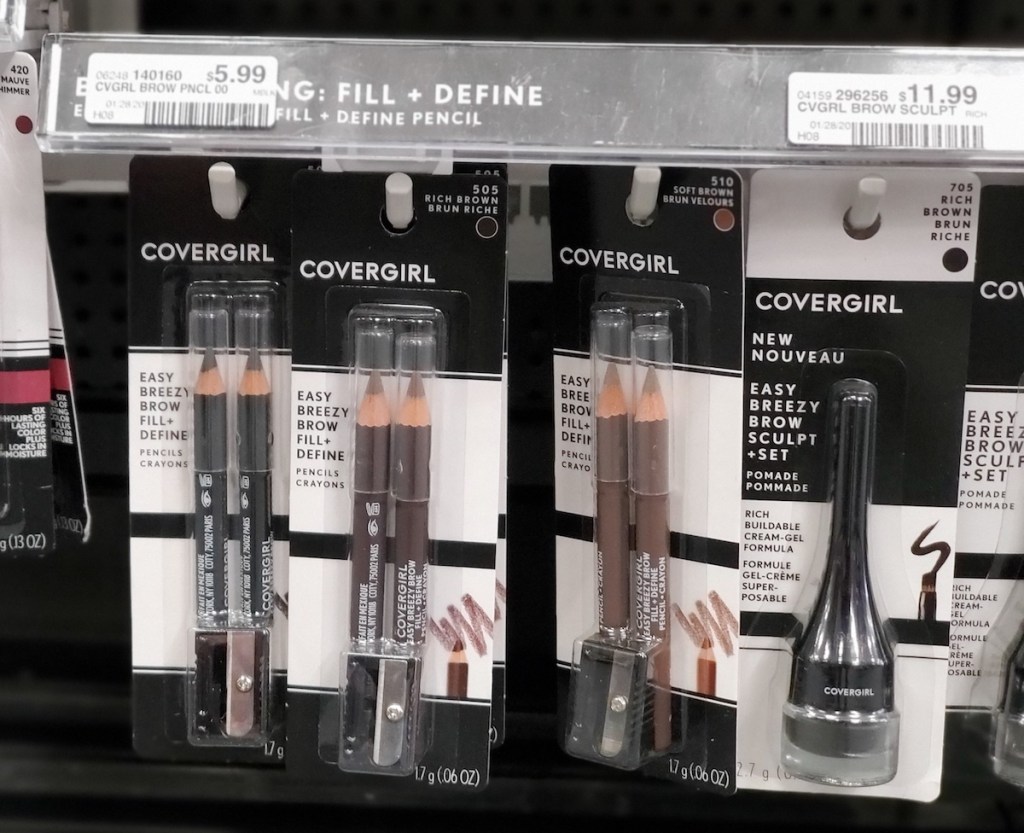CoverGirl Brow Pencils hanging on racks at a store