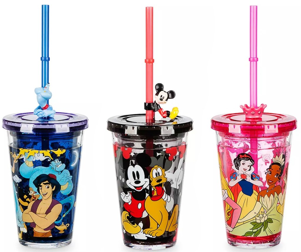 Three Disney themed tumbler-style cups