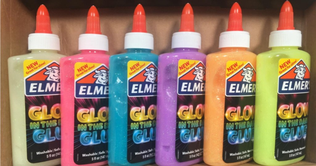 elmers glow in the dark glues original, pink, blue, purple, orange and green