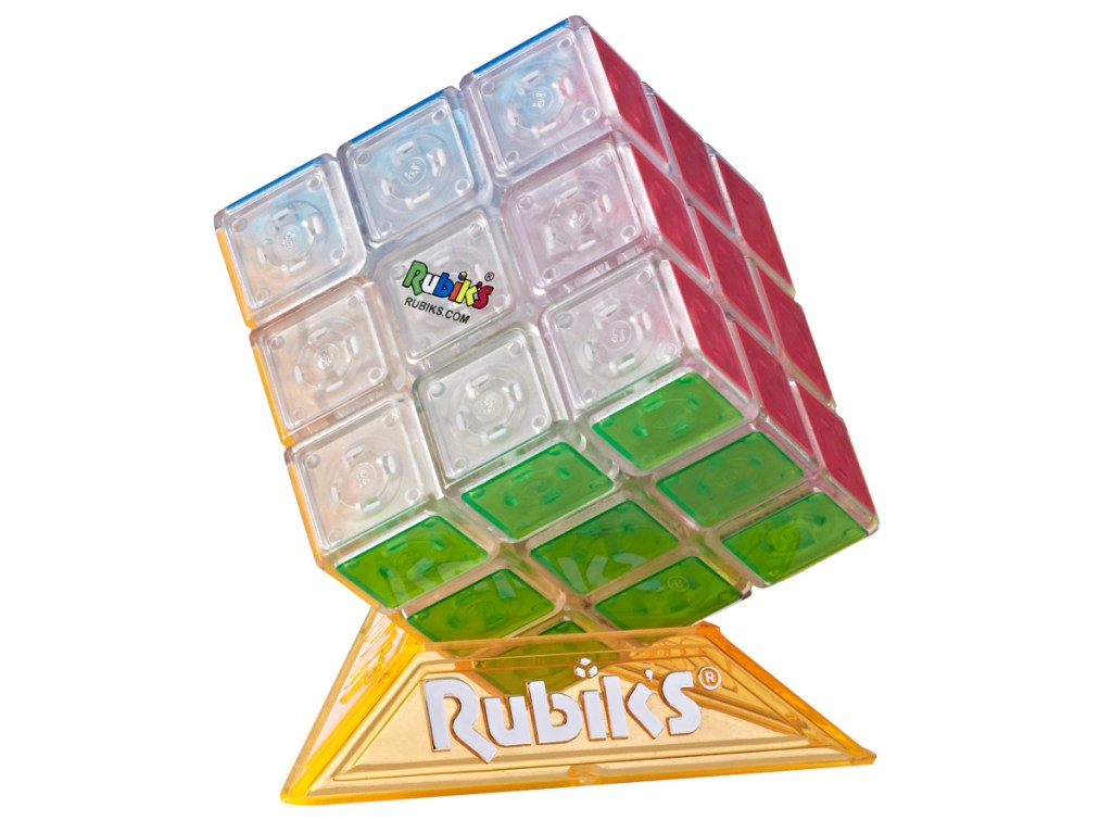 rubik's cube in yellow stand