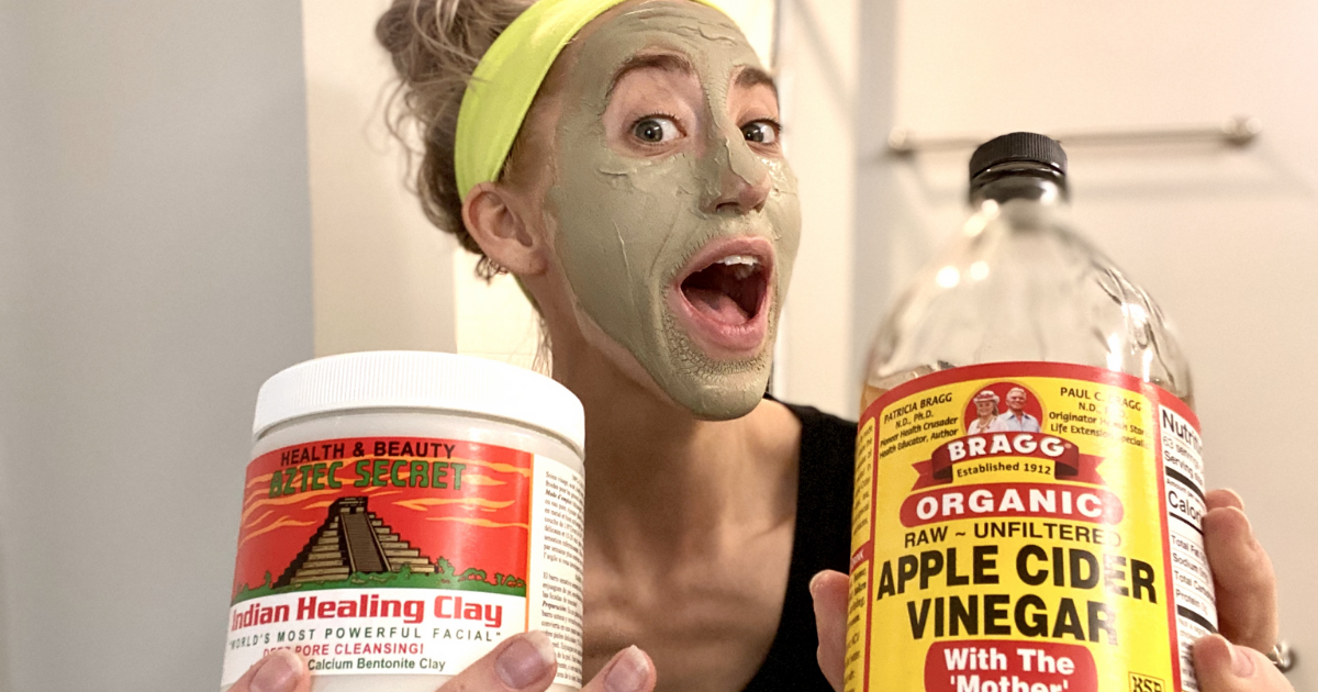 Woman holding Indian Healing Clay mask and Apple Cider Vinegar
