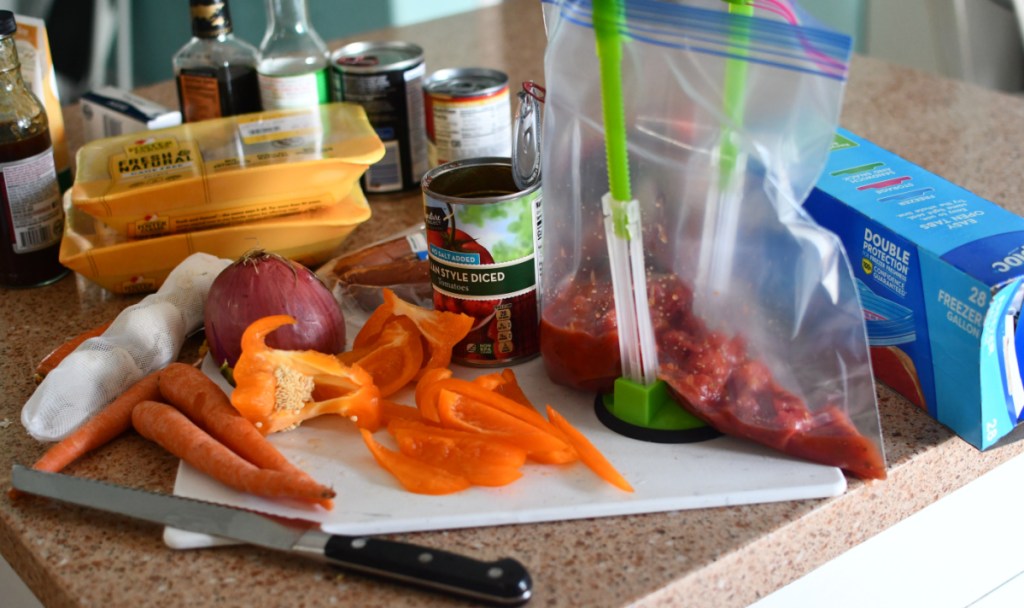 Ingredients for a weekly meal prep which results in 5 frozen Crock Pot Slow Cooker Meals