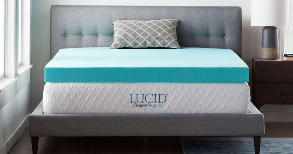 bed with LUCID mattress and topper