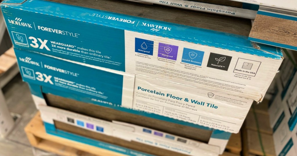 Mohawk tile in box at Lowes