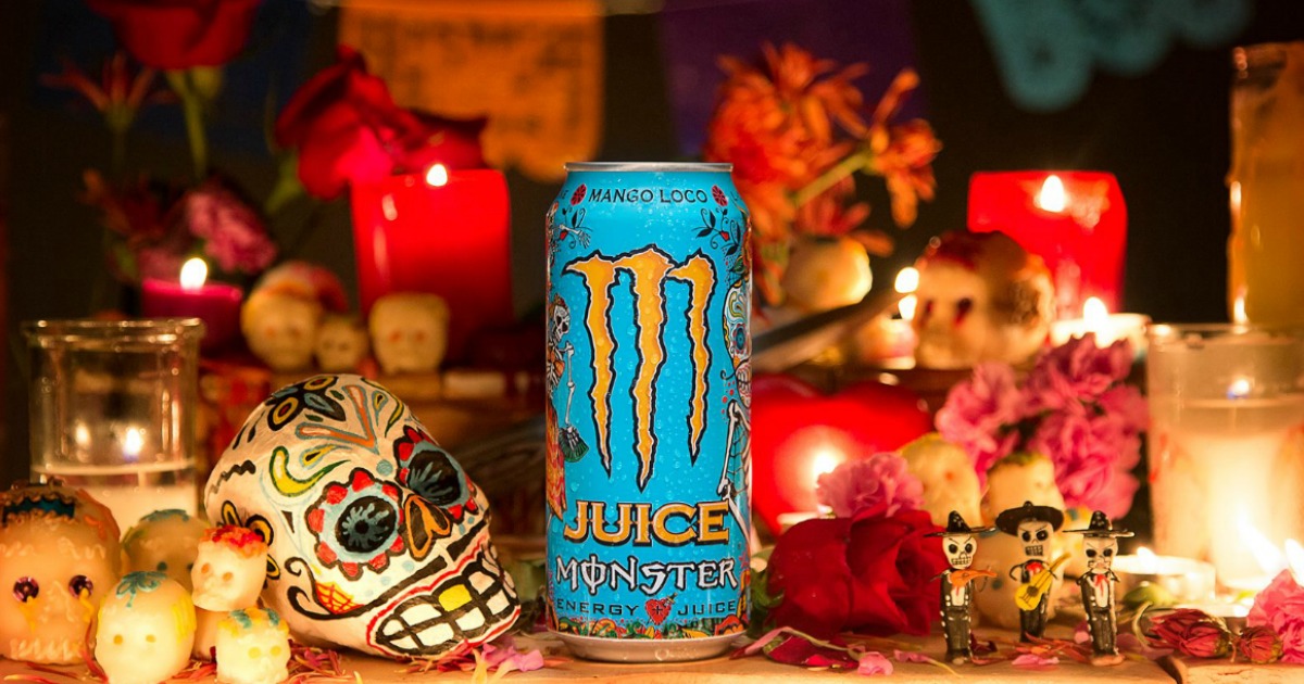 can of Monster Energy Juice Mango Loco with Day of the Dead decorations