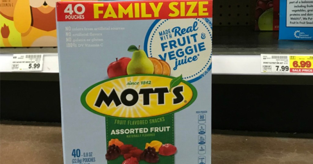 family size box of fruit snacks on floor in store aisle
