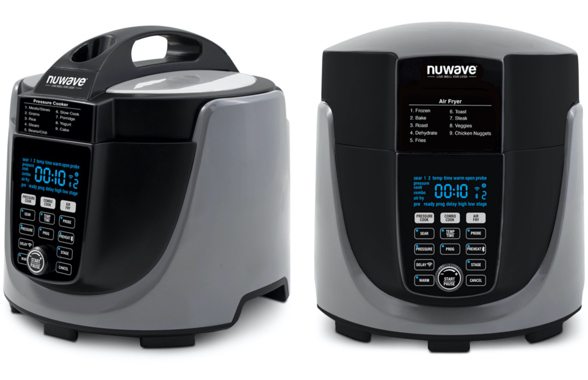 large black and silver air fryer pressure cooker combo