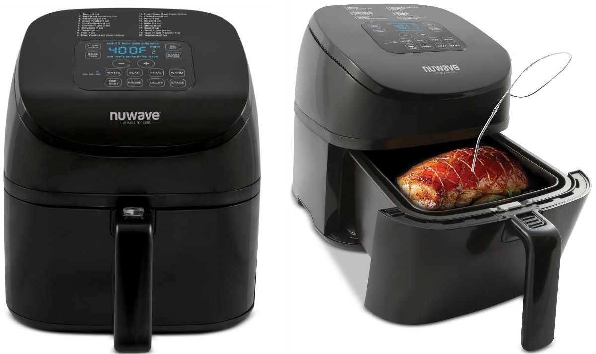  Large black air fryer appliance at two angles