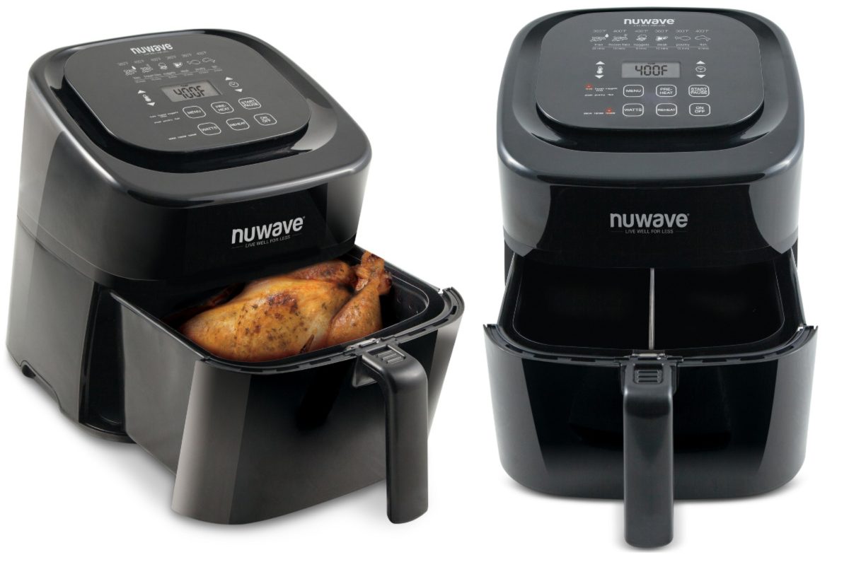 black air fryers, one with cooked chicken
