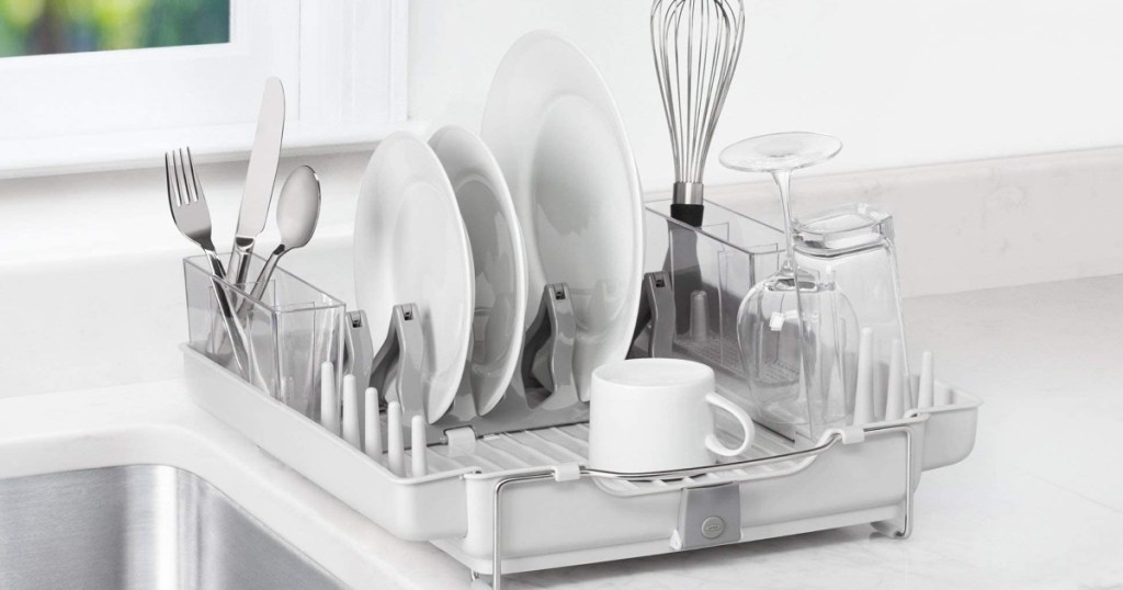 Oxo Good Grips Dish Rack sitting on kitchen counter