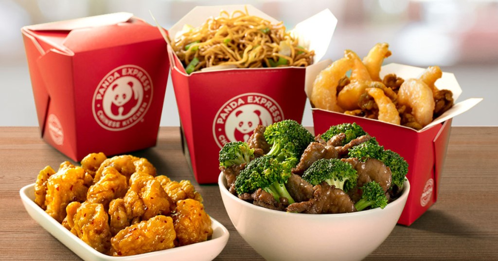 panda express family meal with beef and broccoli in bowl, orange chicken in bowl