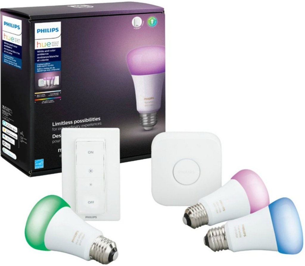 Philips brand lighting kit with white and colored bulbs and adapters near package